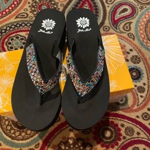 Yellow box jeweled flip flops